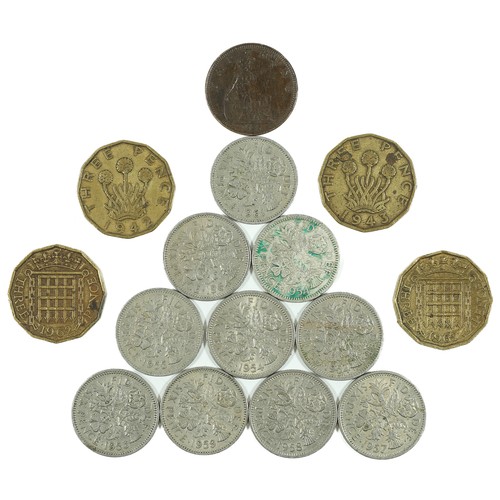 51 - Mixed Lot of 15 Coins Including Farthings and Sixpences from 1942 - 1967.