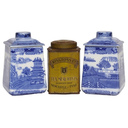 49 - Collection of Ringtons Tea Caddies. As found. Two blue and white ceramic from circa 1930s and one gr... 