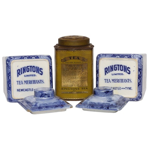 49 - Collection of Ringtons Tea Caddies. As found. Two blue and white ceramic from circa 1930s and one gr... 