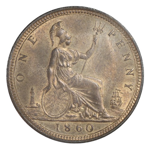 37 - Victoria Penny. 1860. Obv 2, Rev D. Obv with toothed boarder and L C WYON signature under bust but a... 