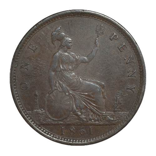 38 - Victoria. Penny, 1861. Obv 5, Rev G. Obv with no signature below bust and leaf veins incuse. Rev wit... 