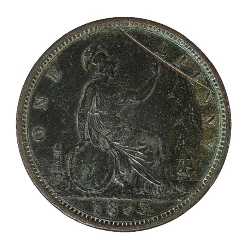 39 - Victoria. Penny, 1863. Obv 6, Rev G. Obv with wreath with 16 leaves. Rev with 5 vertical lines for l... 