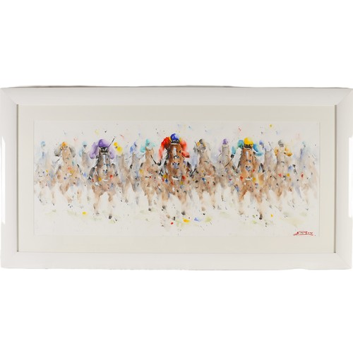 40 - Large Framed Original Watercolour Signed by Roger Simpson. Depicts a horse racing scene. Approx 134c... 