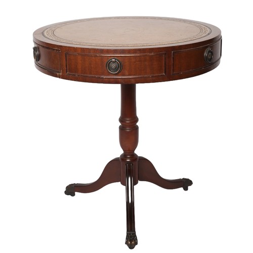 28 - Drum Table with 2 Opening Drawers. Leather-style inlay top.  Nice condition. Approximately 51cm in d... 