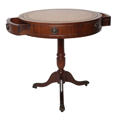 28 - Drum Table with 2 Opening Drawers. Leather-style inlay top.  Nice condition. Approximately 51cm in d... 