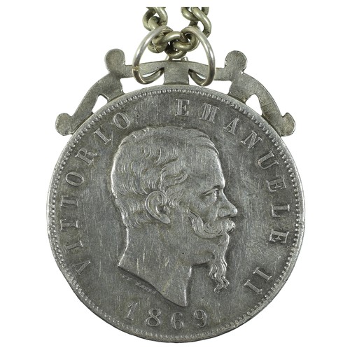 14 - Vittorio Emanuelle II Coin from 1869 on a White Metal Chain