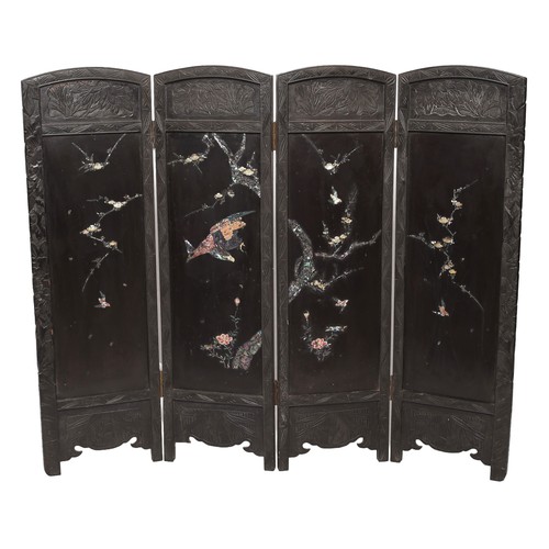 76 - 4-Panel Oriental Folding Screen. Approximately 92cm high. Black with Mother-of-Pearl inlay.