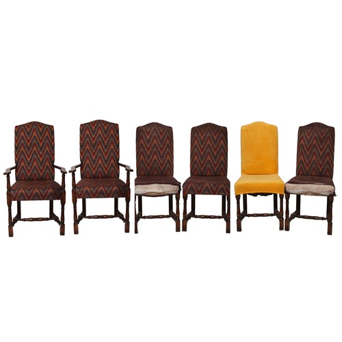 17 - Set of 6 Dining Chairs, including 2 Carvers. Oak frames and upholstered seats. Currently covered in ... 