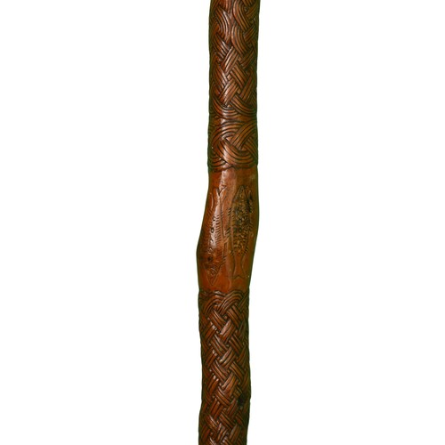 209 - Beautifully Basket-Weave Carved Walking Stick with Scottish Thistle, Leaves and Two Fish. Carved wit... 