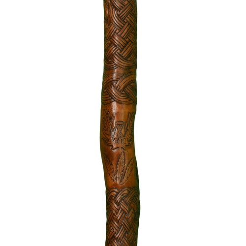 209 - Beautifully Basket-Weave Carved Walking Stick with Scottish Thistle, Leaves and Two Fish. Carved wit... 