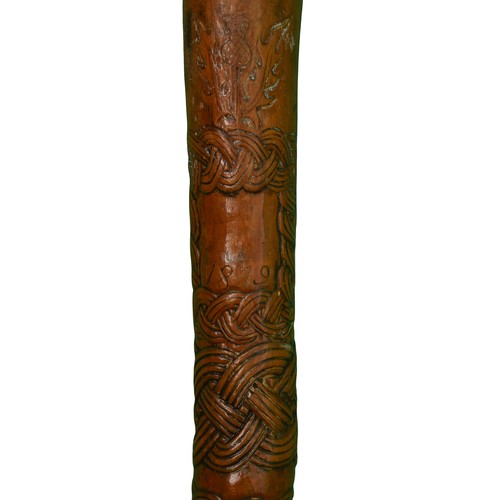 209 - Beautifully Basket-Weave Carved Walking Stick with Scottish Thistle, Leaves and Two Fish. Carved wit... 