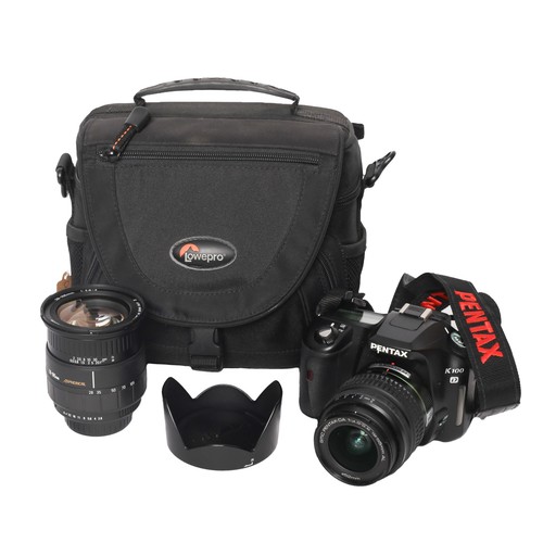 128 - Pentax K100D with Two Lenses in Lowepro Bag:
Missing rubber port cover.
Lens details: 
Pentax DA18-5... 