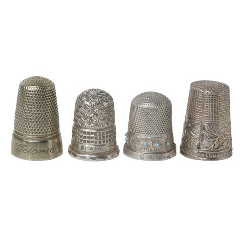 224 - Collection of Four Interesting Thimbles:
1 - Marked 'GWH & Co'. Chester hallmark half over edge of r... 