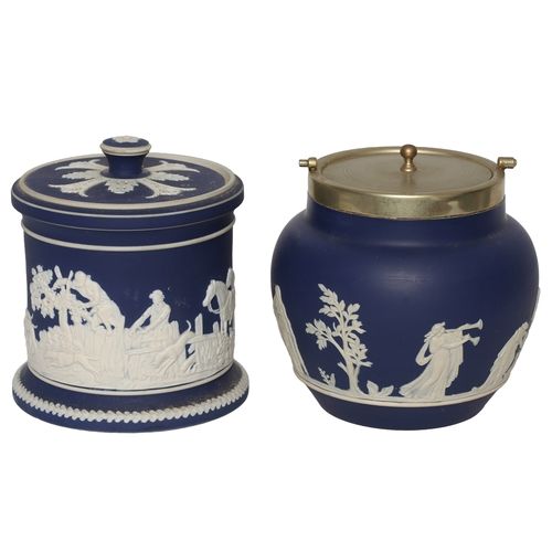 68 - Two Adams Jasperware Dark Blue Biscuit Barrels. One is without handle.