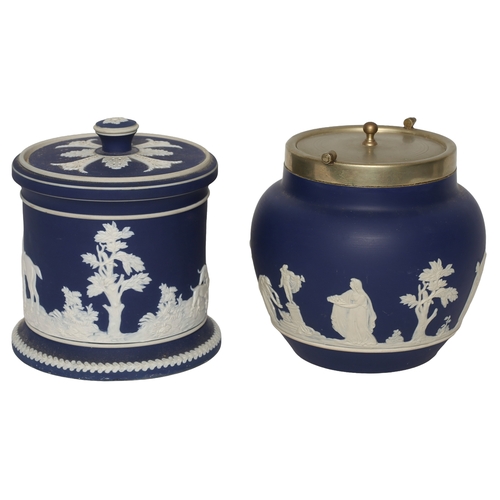 68 - Two Adams Jasperware Dark Blue Biscuit Barrels. One is without handle.