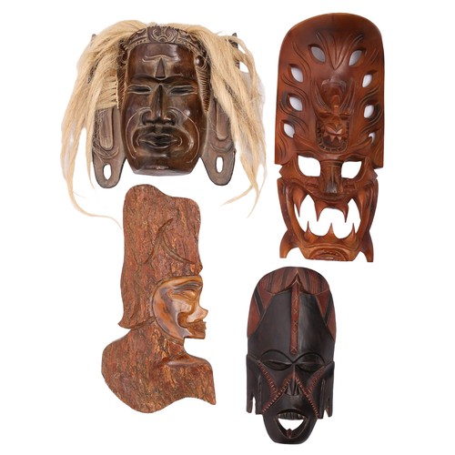 115 - 4 x Decorative Wooden Carved Masks/Wall Decorations. Various sized from 34-46cm high.