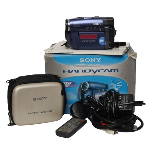 144 - Sony Handycam DCR-DVD91E Camcorder. In original box with instructions, battery, leads, charger and c... 