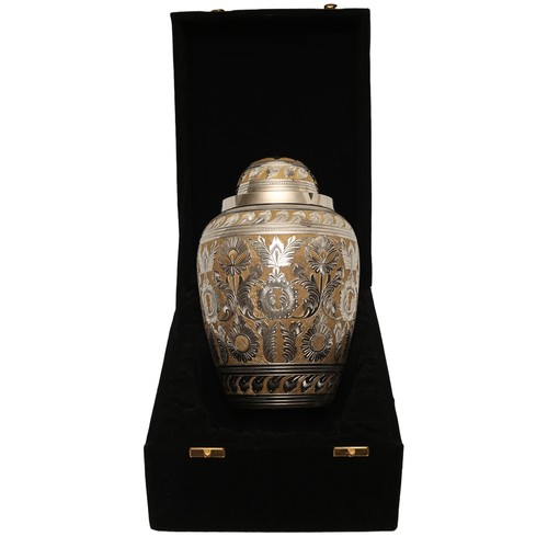 13 - New in Box Ornate Silver and Gold Tone Metal Cremation Urn. Approx. 27cm high.