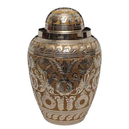 13 - New in Box Ornate Silver and Gold Tone Metal Cremation Urn. Approx. 27cm high.