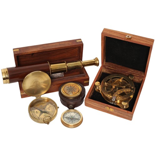 4 - Mixed Lot of Brass Compasses and a Telescope. In cases/wooden boxes.