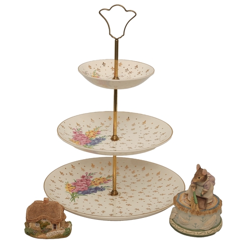 14 - Beatrix Potter Musical Figurine, Liliput Lane Clover Cottage and a Falconware Cake Stand.