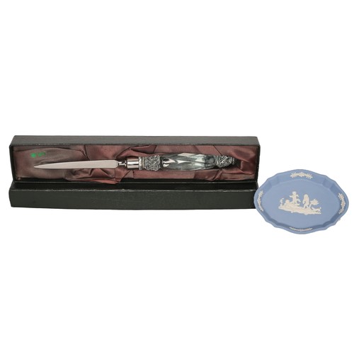 16 - Galway Irish Crystal Letter Opener in Box and Boxed Wedgewood Jasper Sweet Silver Dish. 
Letter open... 