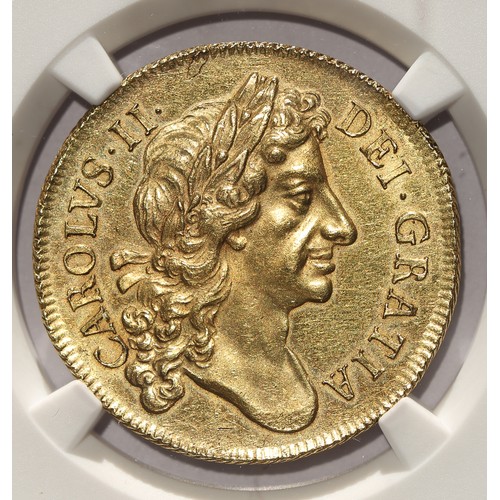 Charles II, 1681. Two Guineas. 2nd Laureate head, right reverse crowned shields cruciform sceptre in angles (MCE45, S3335). NCG slabbed as MS 63 as is probably the finest known example. A stunning gold coin.