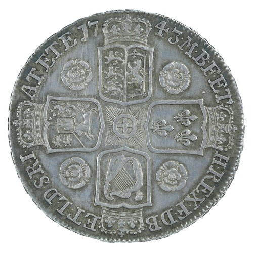 45 - George II, Crown. 1743. Roses and shields. AEF and with some lovely toning (S3688, ESC 1667)