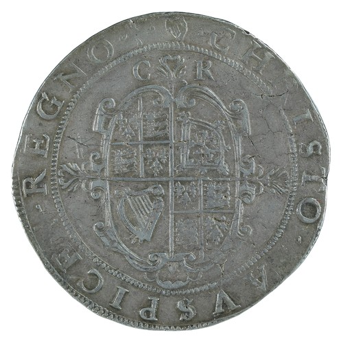 34 - Charles I, Crown. 1625-42. Group II second horseman, smaller horse. Tower under the king. mm harp (o... 