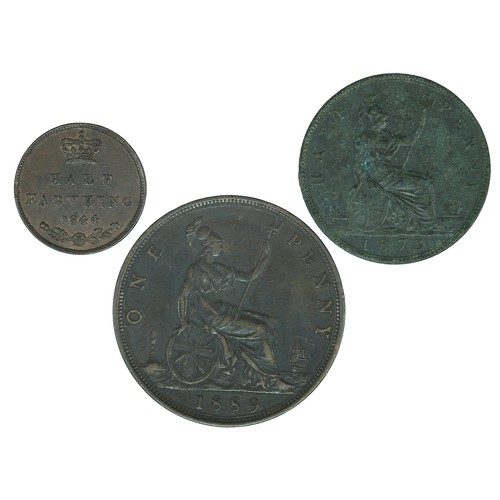 70 - Victoria bun head mixed lot, Penny (1889), Half Penny (1871) & Half Farthing (1844). (S3954, S3956, ... 