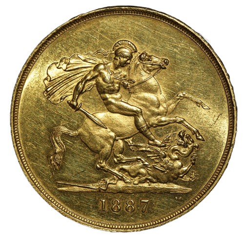 90 - Victoria, Gold Five Pound. 1887. Jubilee head. Choice virtually mint state with proof like mint bril... 