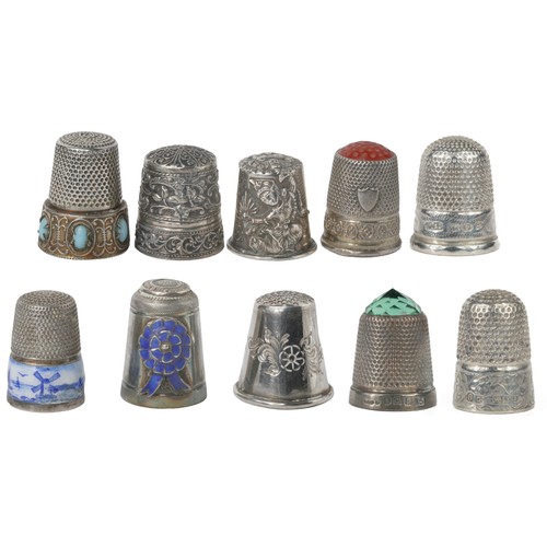 60 - Collection of 10 Silver and White Metal Thimbles:
1. John Thompson & Sons Thimble. Chester 1887. Pun... 