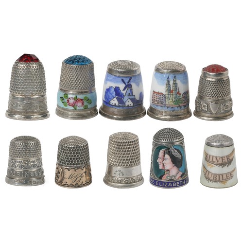 65 - Collection of Interesting Silver and Metal Thimbles:
1 - Windmill scene on blue and white enamel.  M... 