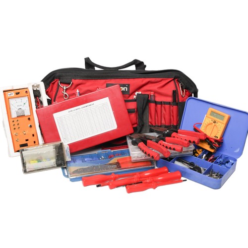 161 - Tool Bag with Electricians Tools, Multimeters and O-Ring Assortment. Also includes boxes of mixed co... 