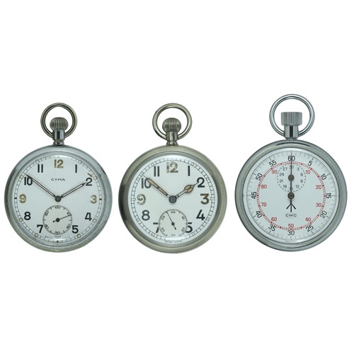 147 - 2 x Military Pocket Watches and a Military Stop Watch. Includes:
Cyma 15 jewel Swiss movement watch.... 