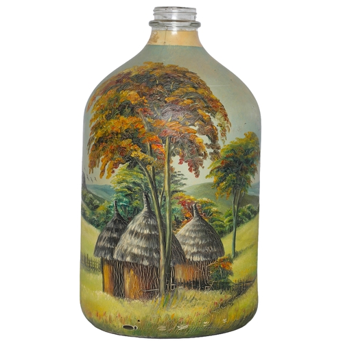 141 - Large Hand Painted Demijohn Depicting Scene of Landscape and Huts. Approx 50cm in height.