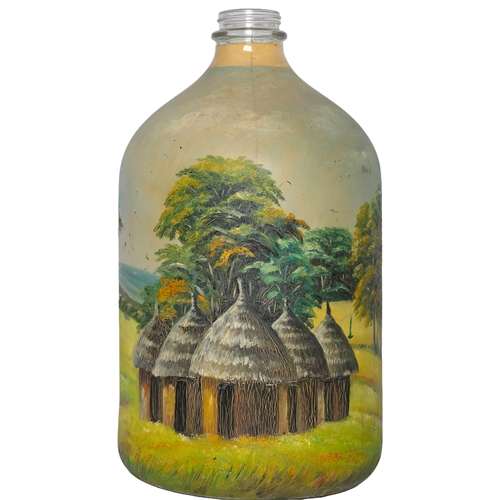 141 - Large Hand Painted Demijohn Depicting Scene of Landscape and Huts. Approx 50cm in height.