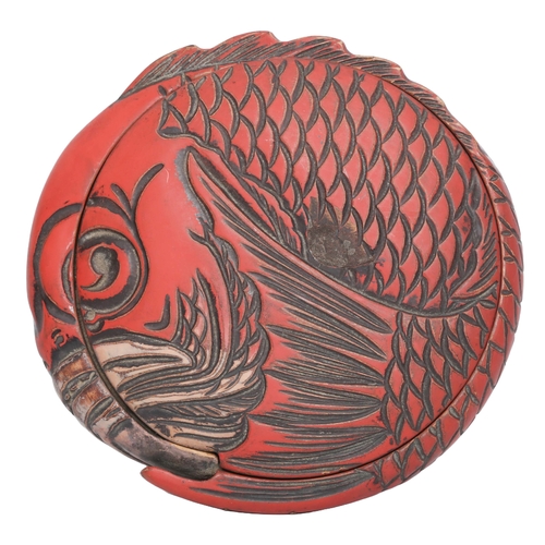 21 - Chinese Resin of Boat of Life with Red Lacquerware Lidded Bowl. Bowl diameter approx 18cm.