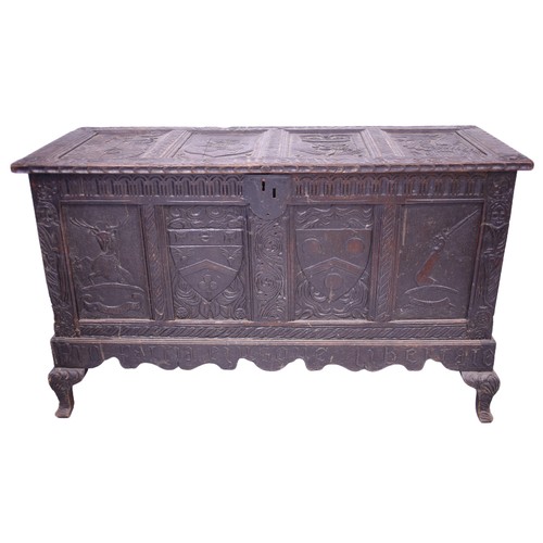 Large Antique Coffer with the National Motto of Scotland 'Nemo Me Impune Lacessit MDCXLIII' Beautifully Carved on Lid. Approx 142cm wide by 58cm deep and 85cm high.