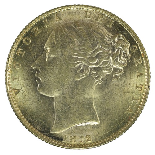 Victoria, Sovereign. 1872. Second large head WW still in relief, date below R. Shield with repositioned legend die axis. No die no. EF (S3853B)
