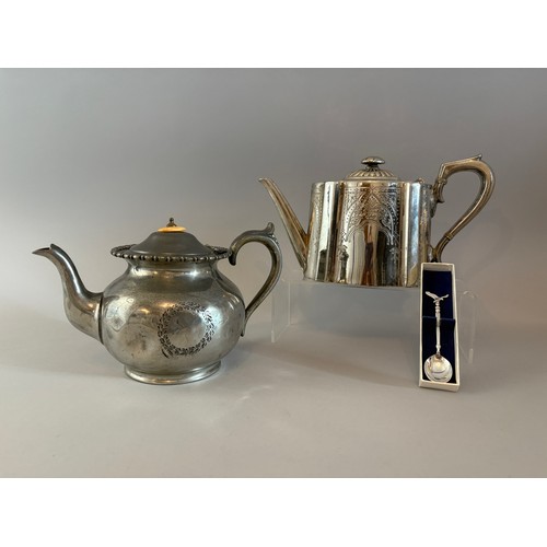 5 - Two Electroplated Teapots, one by James Dixon & Sons Sheffield, and a Sterling Silver Spoon. An elec... 