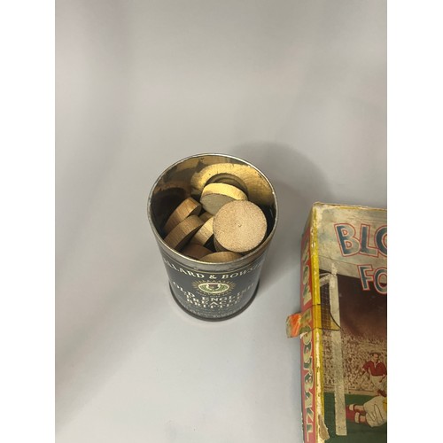 94 - A vintage Blow Football game, presented in a worn cardboard box featuring mid-20th-century style ill... 