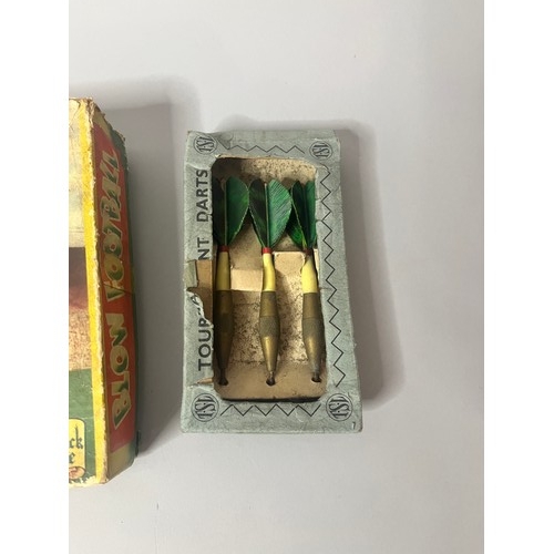 94 - A vintage Blow Football game, presented in a worn cardboard box featuring mid-20th-century style ill... 