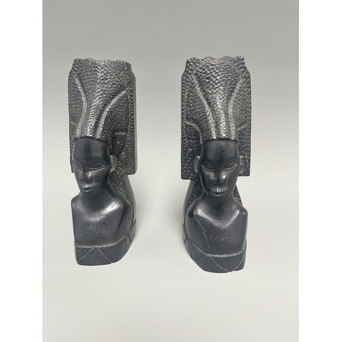 2 - A Pair of Carved Stone African Tribal Woman Bookends each shaped as an African tribal woman bust wit... 