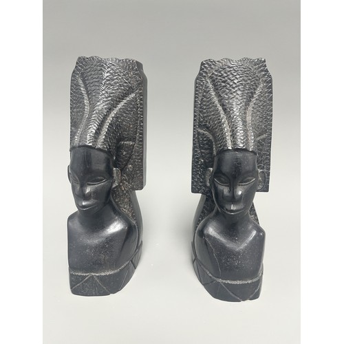 2 - A Pair of Carved Stone African Tribal Woman Bookends each shaped as an African tribal woman bust wit... 