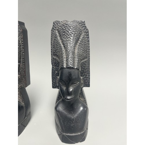 2 - A Pair of Carved Stone African Tribal Woman Bookends each shaped as an African tribal woman bust wit... 