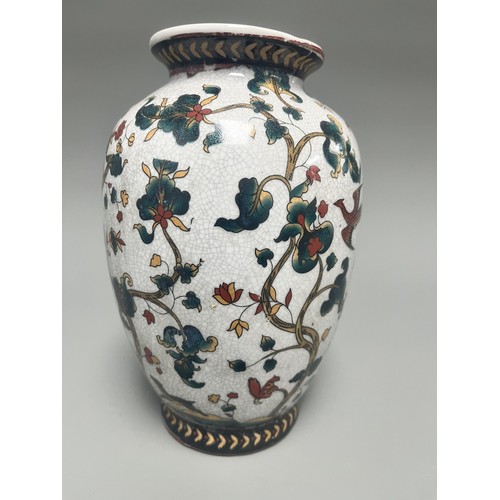 11 - Chinese Crackle Glaze Ceramic Vase Flowering Branches Birds. A white crackle-glazed ceramic vase, de... 