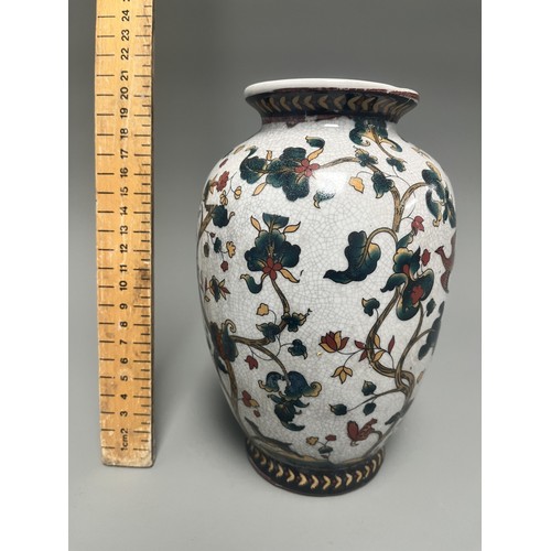 11 - Chinese Crackle Glaze Ceramic Vase Flowering Branches Birds. A white crackle-glazed ceramic vase, de... 