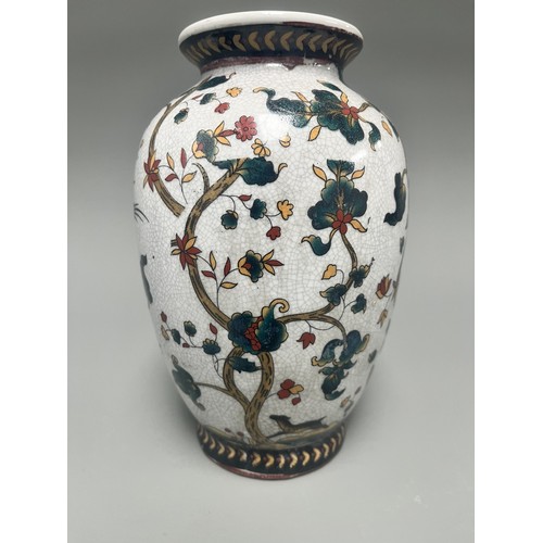11 - Chinese Crackle Glaze Ceramic Vase Flowering Branches Birds. A white crackle-glazed ceramic vase, de... 
