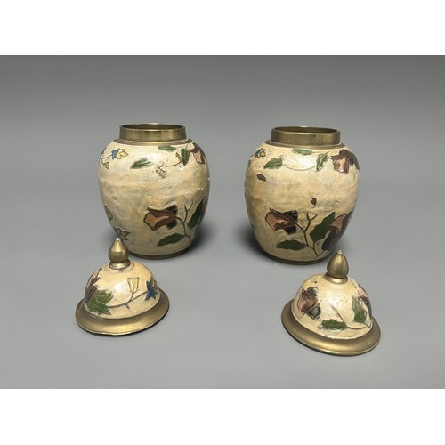 13 - A Pair of Small Cloisonné Enameled Brass Floral Ginger Jars. A Pair of small enameled cloisonné ging... 